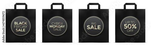 Black Friday and Cyber Monday shopping paper bags with golden tags vector set, isolated on a white background.
