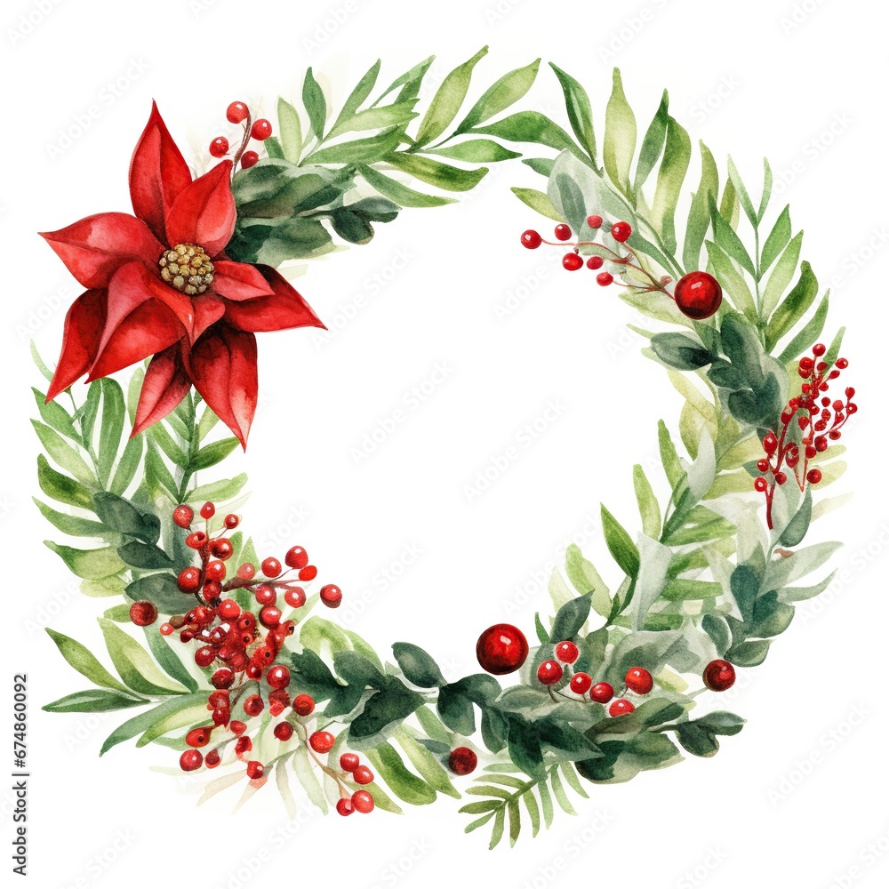 Naklejka premium Christmas wreath of red poinsettia and leaves. Watercolor illustration