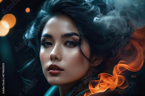 A close up of a stylish woman with dark hair and red smoke cloud  sensual expressive lips  beautiful witch with long hair  red tint. Fashion scent  fresh odour