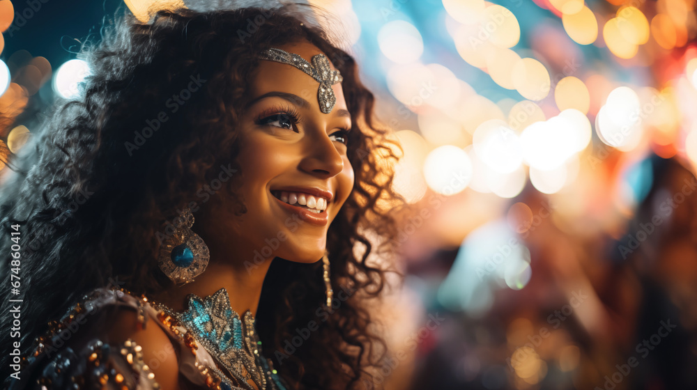 Joyful woman in vibrant carnival costume with feathers. Radiant smile of a woman in a feathered carnival headdress. Caribbean Carnival adn Happiness in the street.Carnival queen in sparkling attire wi Joyful woman in vibrant carnival costume with feathers. Radiant smile of a woman in a feathered carnival headdress. Caribbean Carnival adn Happiness in the street.Carnival queen in sparkling attire wi
