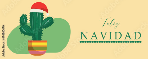 Greeting card with Christmas cactus and text FELIZ NAVIDAD on beige background
