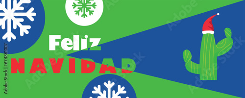 Greeting card with Christmas cactus and text FELIZ NAVIDAD on color background