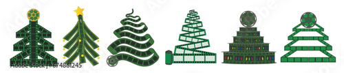 Set of Christmas trees made of filmstrip on white background
