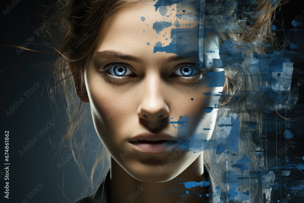 Collage with Female face, blue color Collage with Female face, blue color