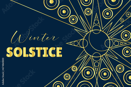 Text WINTER SOLSTICE and drawn sun on dark background