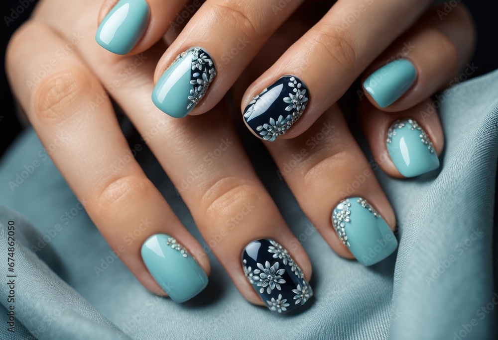 The hands of a young woman with a manicure. Nails are covered with gel polish with a French jacket and a stylish green cyan teal pattern The hands of a young woman with a manicure. Nails are covered with gel polish with a French jacket and a stylish green cyan teal pattern