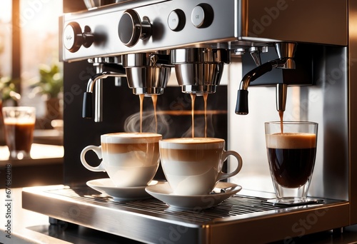 Close-Up of coffee machine making a cup of coffee in restaurant