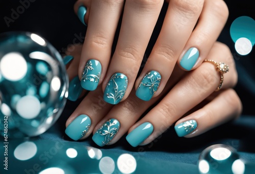 The hands of a young woman with a manicure. Nails are covered with gel polish with a French jacket and a stylish green cyan teal pattern