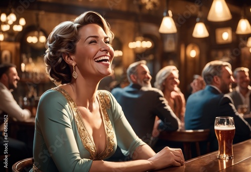 Mature woman laughs at stand-up performance while sitting in a pub. Cheerful, happy and optimistic alluring female laughing from amazement, having fun, enjoy watching funny stand-up comedy performance