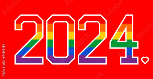 2024 in the colors of the gay flag on a red background