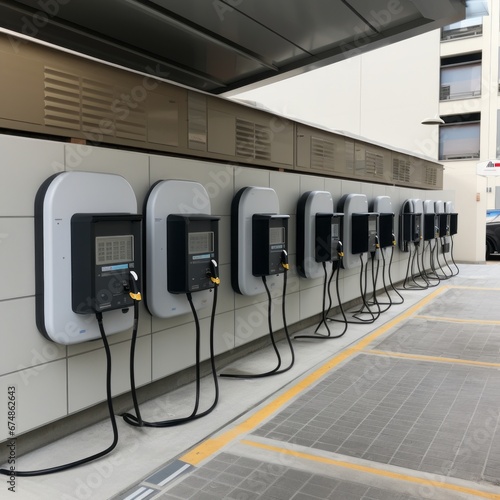 Multiple small-sized EV chargers are mounted on the wall in the parking area.