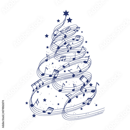 Christmas tree made of music notes on white background