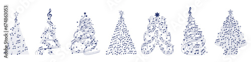 Set of many Christmas trees made of music notes on white background