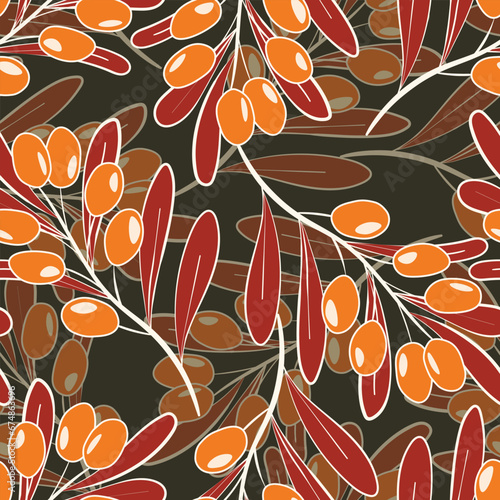 Seamless pattern with sea buckthorn. Natural fresh ripe tasty berries. Vector illustration for background, packaging, textile, fabric and various other designs