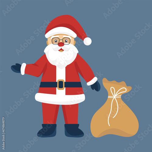 Smiling Santa Claus with bag of gifts. Christmas card with Santa on blue background, xmas icon and symbol winter holiday