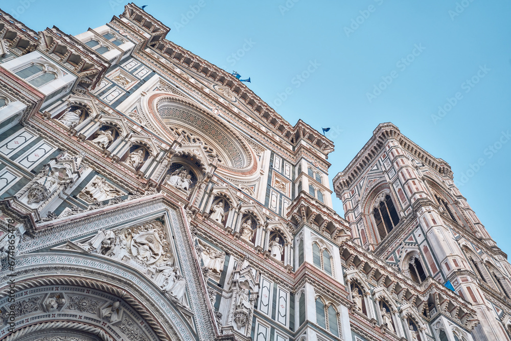 Facade of the Santa Maria del Fiore cathedral in Florence and Giotto's bell tower