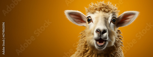 Funny sheep with human gestures looking at the camera and talking. Humanized animal. Sheep with a surprised gesture Banner with yellow background and copy space