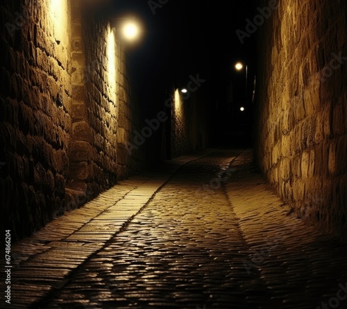A dark alleyway with cobblestones and lights. Generative AI.