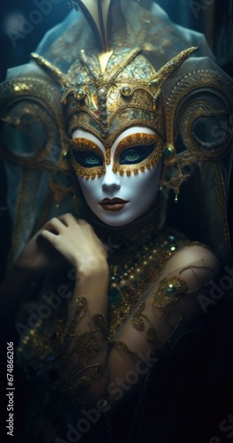 A mysterious woman in a gold and white mask stands in a foggy location, exuding elegance and intrigue. Generative AI.