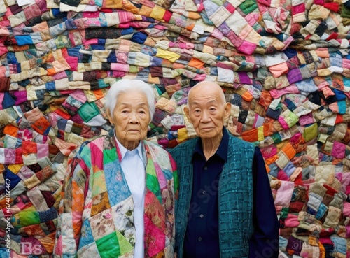 An elderly couple standing in front of a wall of fabric. Generative AI.