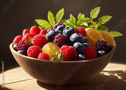 A vibrant display of nature s bounty  with a medley of juicy superfoods cascading from a rustic bowl  surrounded by lush indoor plants and a wall of succulent berries  apples. 