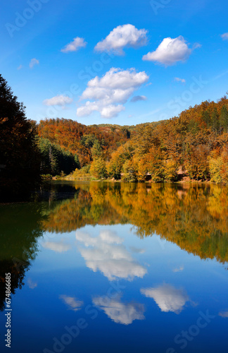 Beautiful autumn landscape by the Vida lake in Apuseni Mountains, Romania. Trees in colorful foliage and forested in the Occidental Carpathians reflecting in the water surface. 