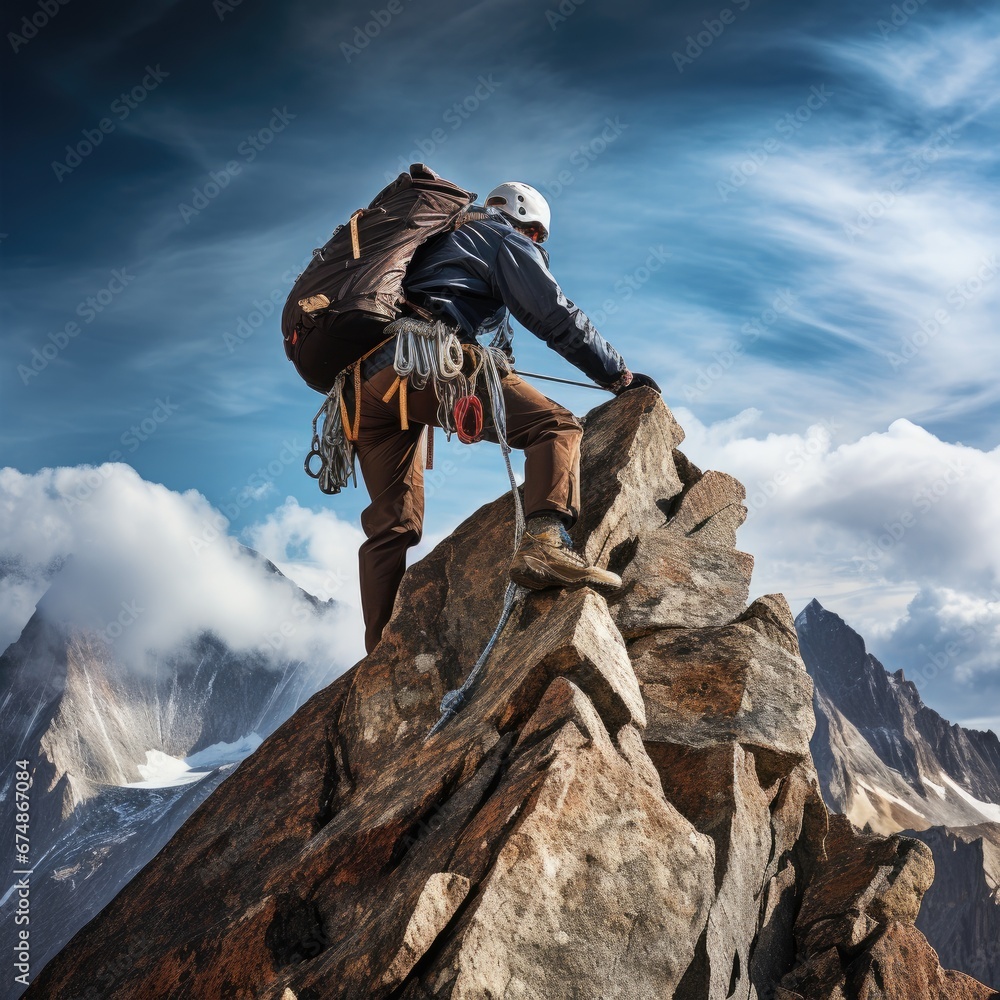 Fototapeta premium Summiting the Majestic Mountain: the Thrill of Mountain Climbing and the Beauty of Nature