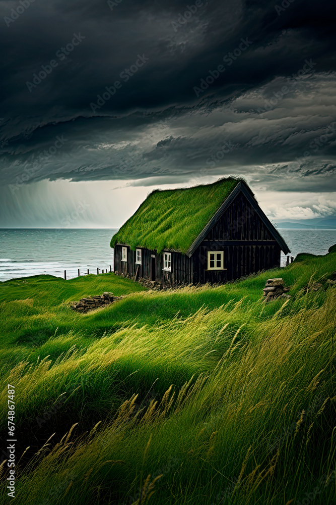A house sitting on top of a lush green hillside. Stormy seas, windy beach. Generative AI A house sitting on top of a lush green hillside. Stormy seas, windy beach. Generative AI