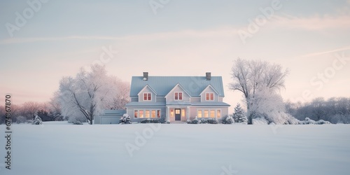 Generative AI, Winter aesthetic landscape with house panorama, muted neutral colors, forest and mountains..