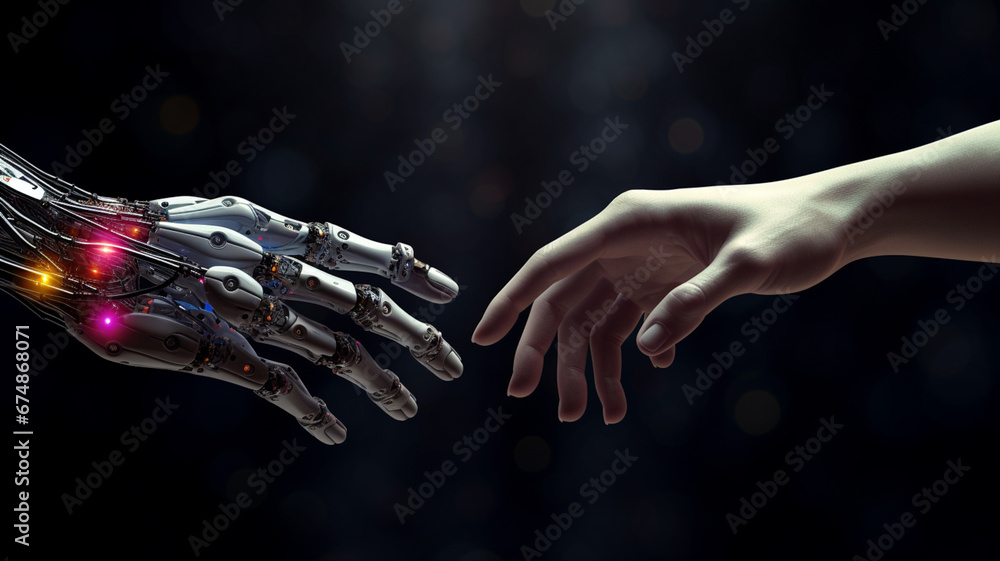 Human hand and android cyborg. Artificial intelligence technology concept - obrazy, fototapety, plakaty 