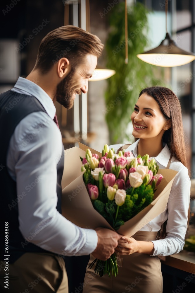 A man at work is giving flowers to a woman A man at work is giving flowers to a woman