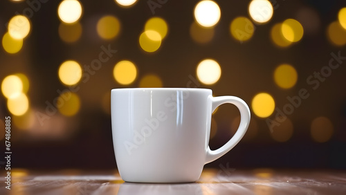 Blank white cup for mock-up staing on a wooden table with lights on a background