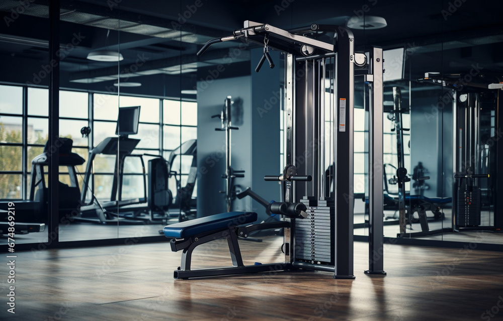 stylish and modern fitness gym with a variety of fitness equipment and machines, light background