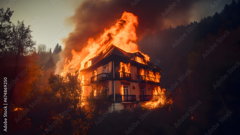 Burning building, house on dark smooth background