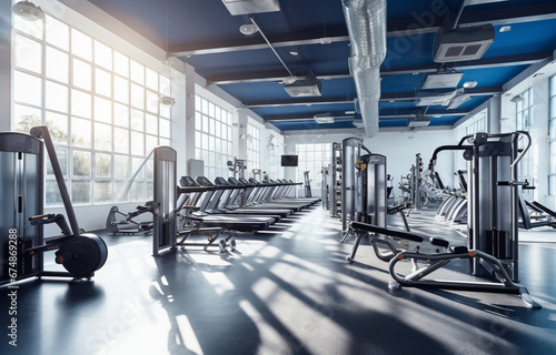 stylish and modern fitness gym with a variety of fitness equipment and machines, light background © Oleksiy