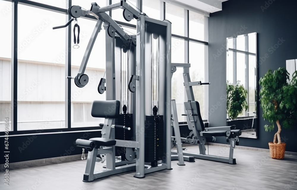 Obraz premium stylish and modern fitness gym with a variety of fitness equipment and machines, light background