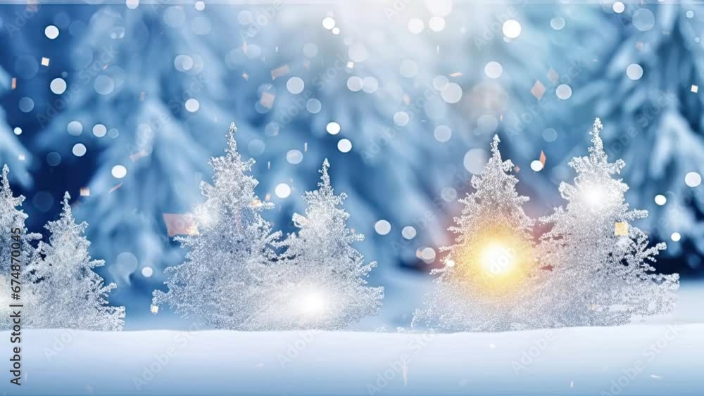christmas evergreen tree forest in snow with holiday lights with copy space on winter forest background christmas evergreen tree forest in snow with holiday lights with copy space on winter forest background