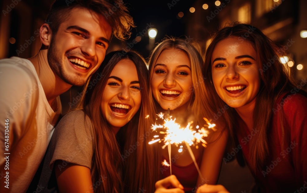 A group of smiling friends with sparklers A group of smiling friends with sparklers