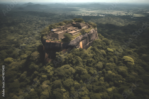 Sri Lanka drone view. Sigiriya Rock or Sinhagiri is ancient rock fortress in northern Matale District, town of Dambulla in Ceylon, North Central Province, UNESCO world heritage. Jungle in Sri Lanka.