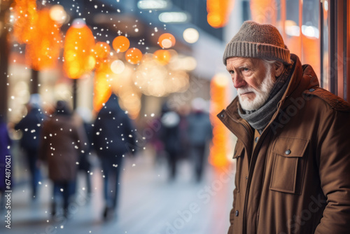 Solitude, loneliness during Christmas. Elderly man walks alone through city streets during Christmas holidays. Lonely senior man feels lonely celebrating Christmas without family and friends photo
