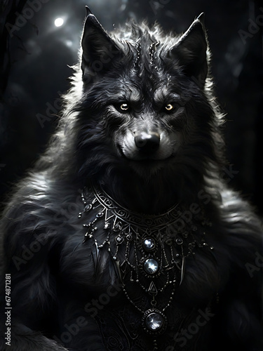 The black and white image of a furry werewolf in the moonlight .Generative Ai