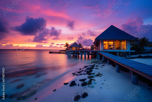Maldives island sunset. Water bungalows resort, creatve with Ai © Pierre