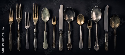 Vintage cutlery on dark rustic background. Old kitchen utensils, top view