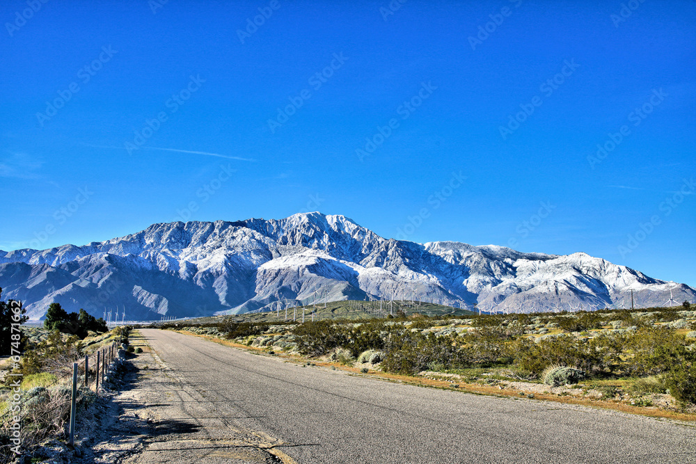 Majestic snow covered mountains of the San Gorgonio Pass near Palm Springs, California.