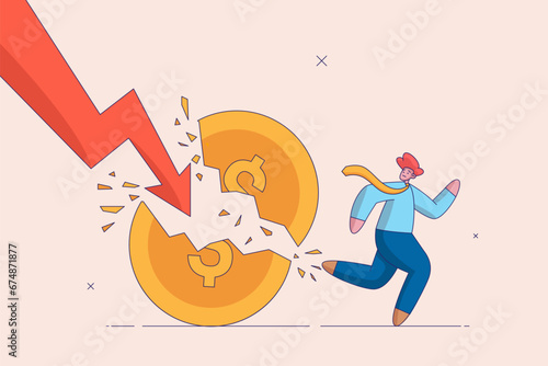 Financial crisis concept. Global economic money problem, Bankruptcy unpaid loan debt, investment failure. Man is running from problem. Business flat vector illustration.