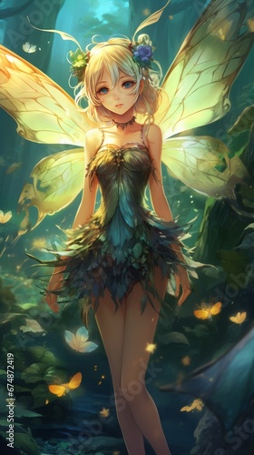 An anime elf in a green dress and wings behind her back