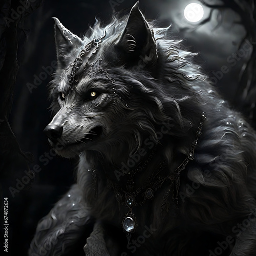 The black and white image of a furry werewolf in the moonlight .Generative Ai