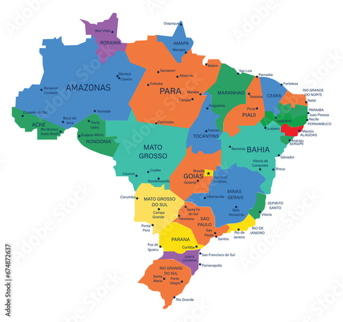 The detailed map of the Brazil with regions or states and cities  capitals.