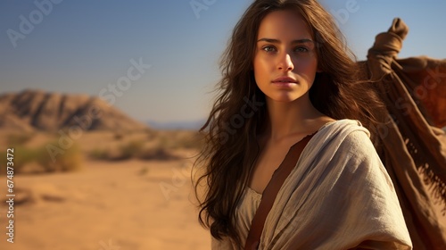 Representation of Dinah, daughter of Jacob, in the desert with a striking and beautiful presence. Poetic portrait of Dinah in a biblical lineage inheritance in a desert setting. photo