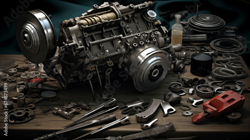 Auto repair, car engine repair, spare parts are laid out on the table. Maintenance of diesel and gasoline equipment, service center